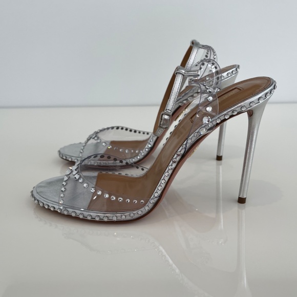 AQUAZZURA SILVER PVC LEATHER CRYSTAL SANDALS SIZE IT 38 / US 8 NEW IN BOX! - Picture 9 of 17